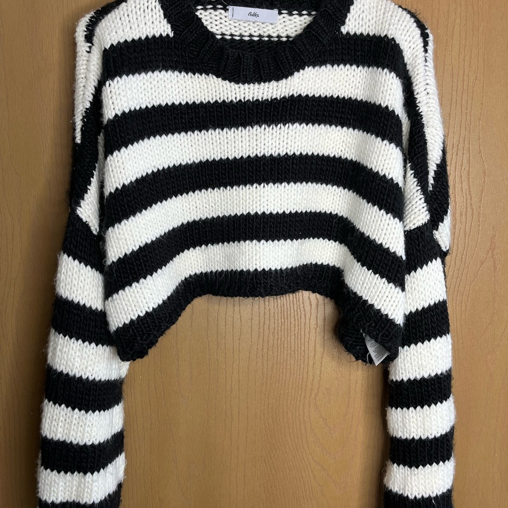 Adika Black and White Crew Neck Striped Sweater